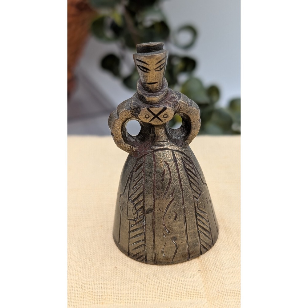 Antique Chinese Brass Figural Hand Bell Woman in Dress Folk Art 3" Tall Vtg MCM